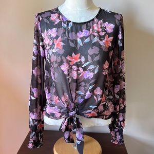 Floral print sheer long sleeve blouse